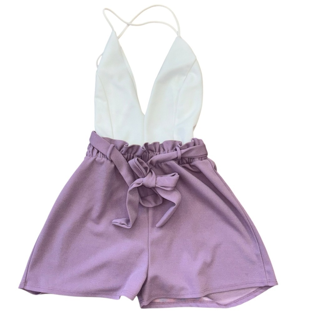 Fashion Nova Deep V Backless Romper Women’s S Lavender White Spring Vacation